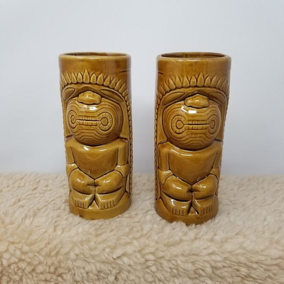 VTG Lot of 2 Tiki Polynesian Ceramic Mugs MCM No Markings See Pics - Picture 1 of 7